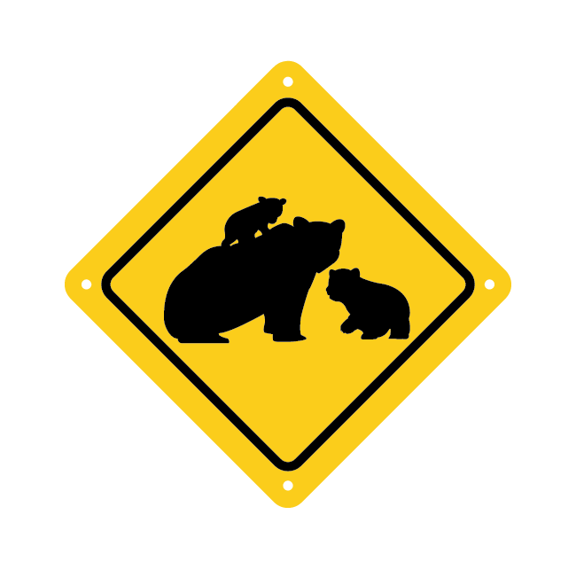 bear family road sign with yellow baackground