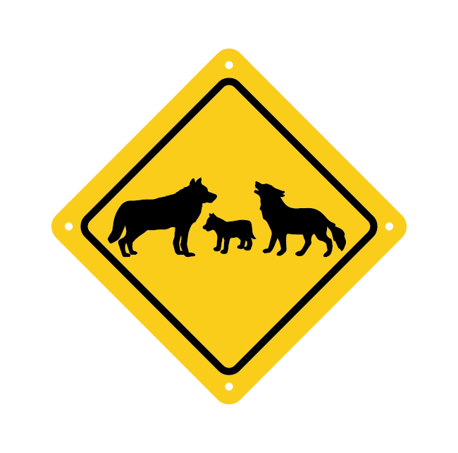 wolf family road sign with yellow baackground